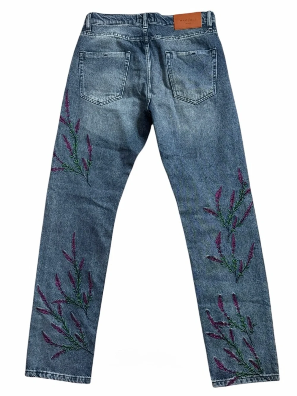 Mechali Embroidered Jeans Floral Denim‎ Straight Leg Unisex S